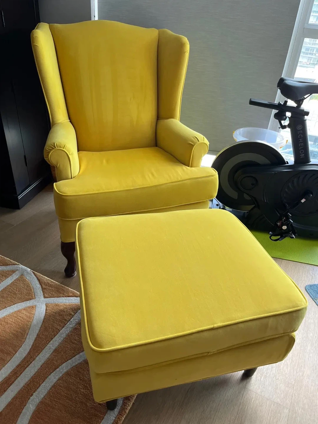 Yellow Wingback Armchair with Ottoman