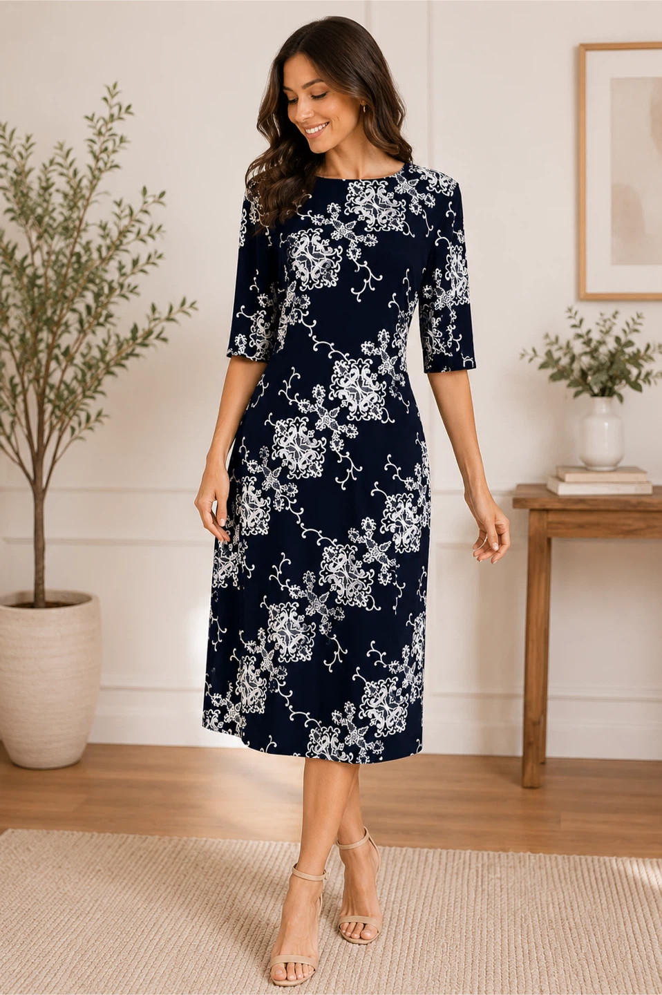 Navy Floral Print Midi Dress
