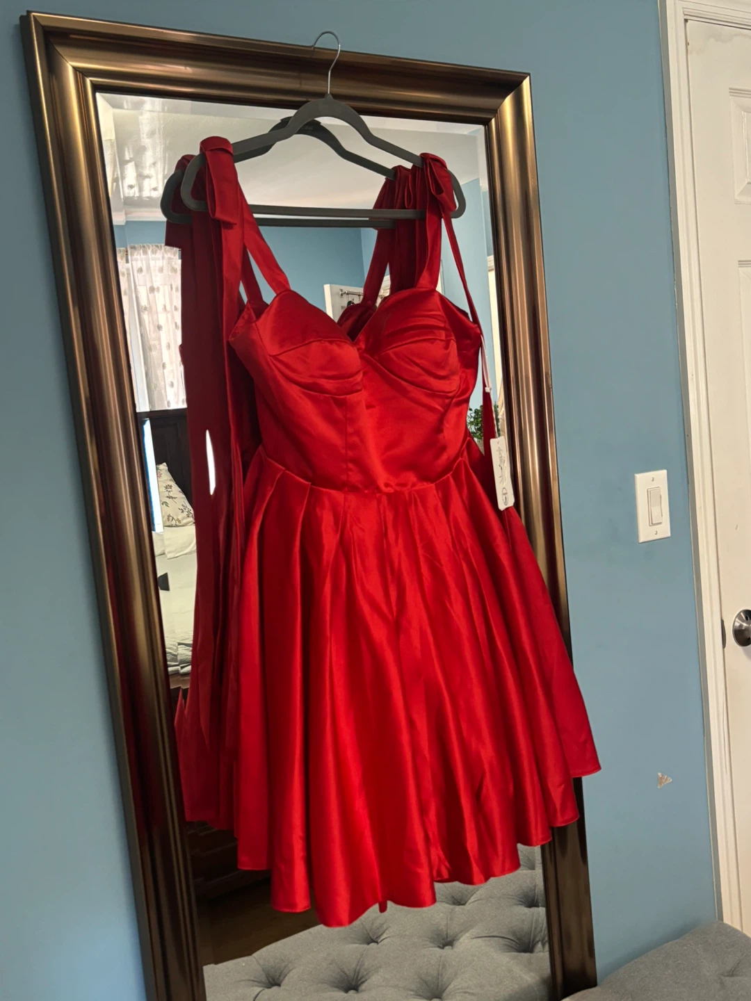 Red Satin Bow Shoulder Dress