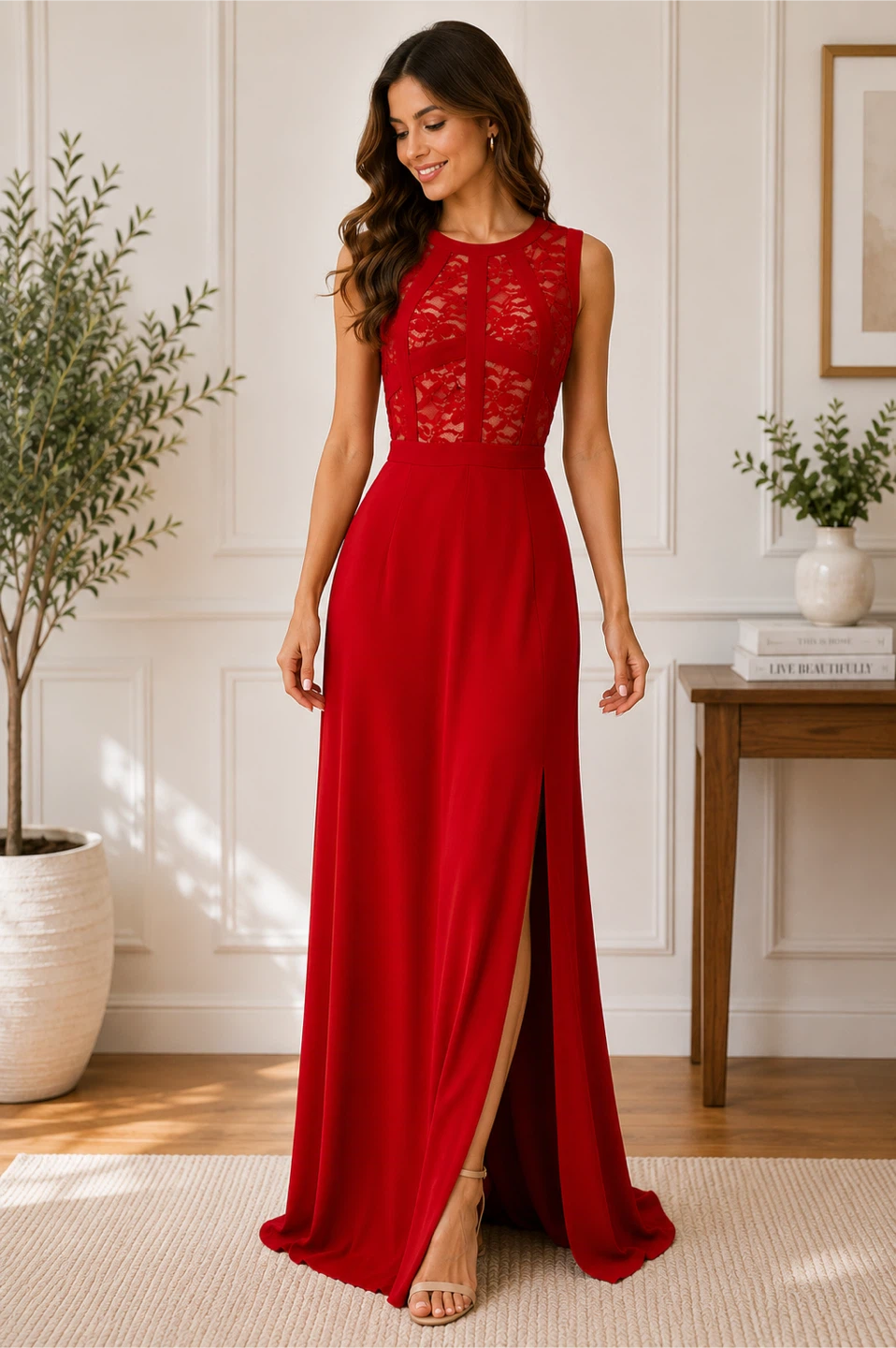 Red Lace Maxi Dress with Slit - photo 2