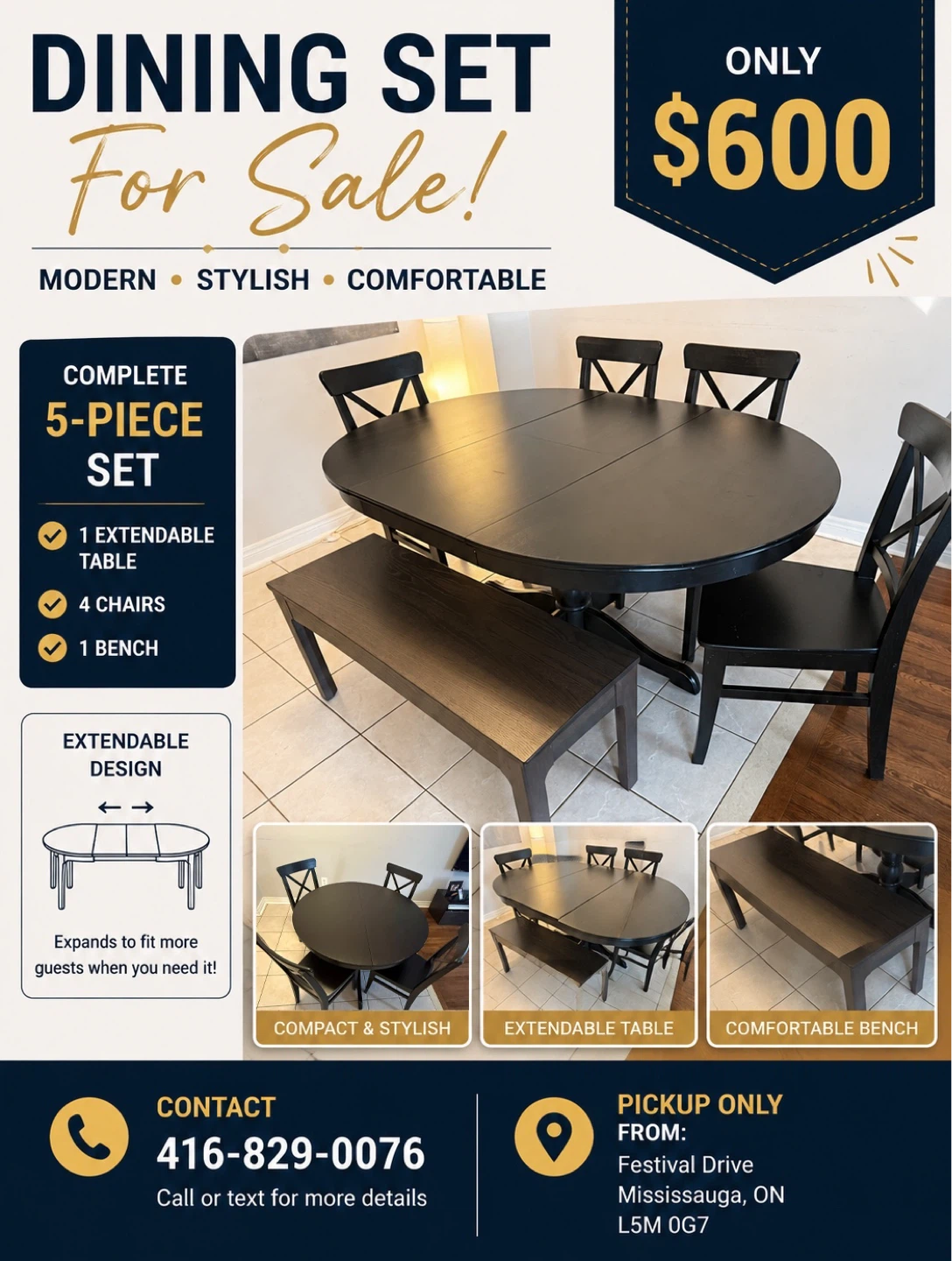 Black 5-Piece Extendable Dining Set with Bench