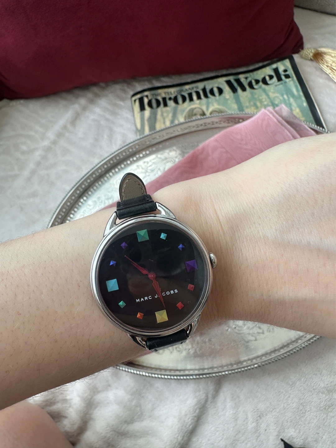 Marc Jacobs Betty Black Leather Watch with Multi-Coloured Studs
