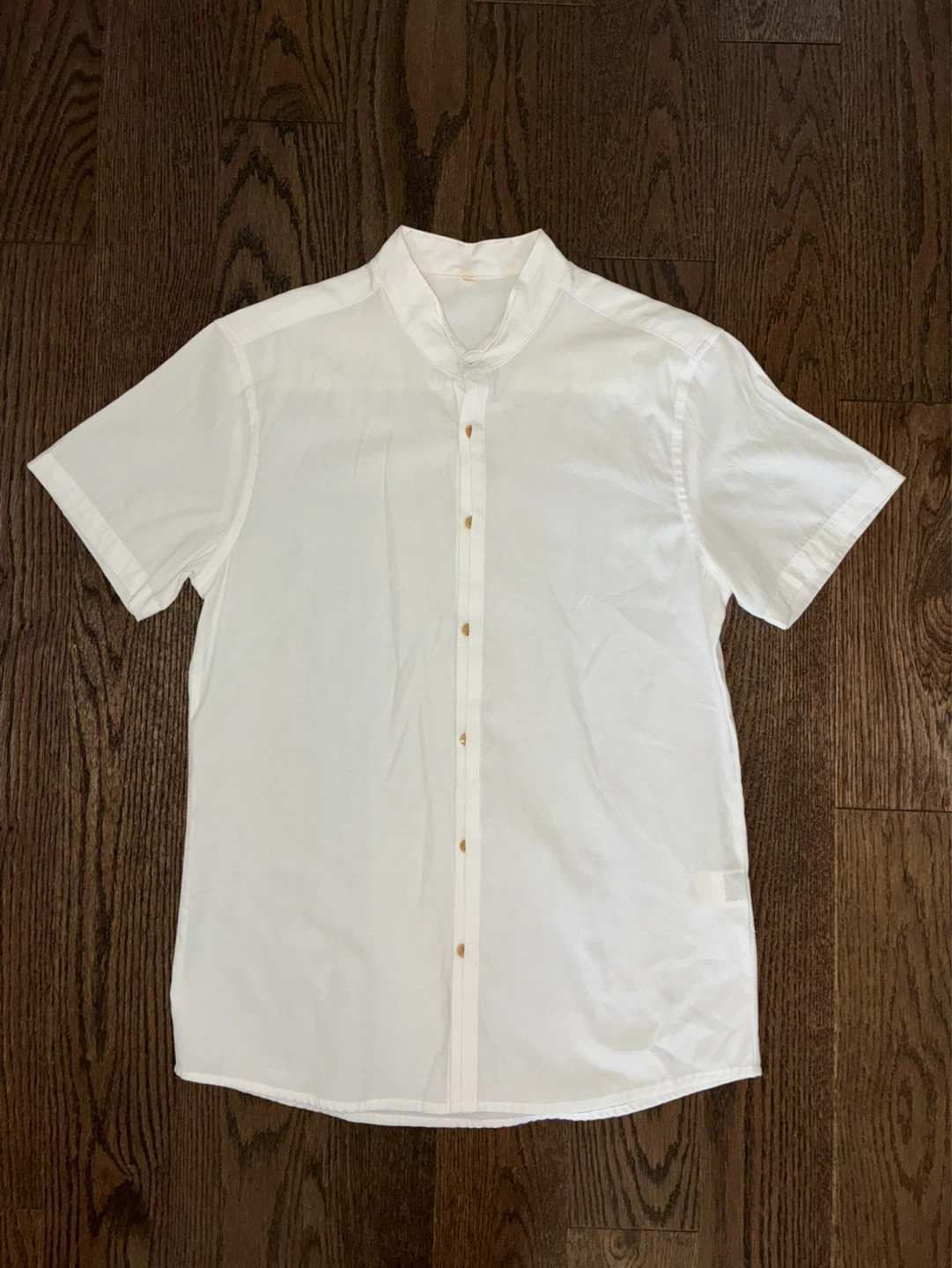 White Short Sleeve Mandarin Collar Button-Up Shirt