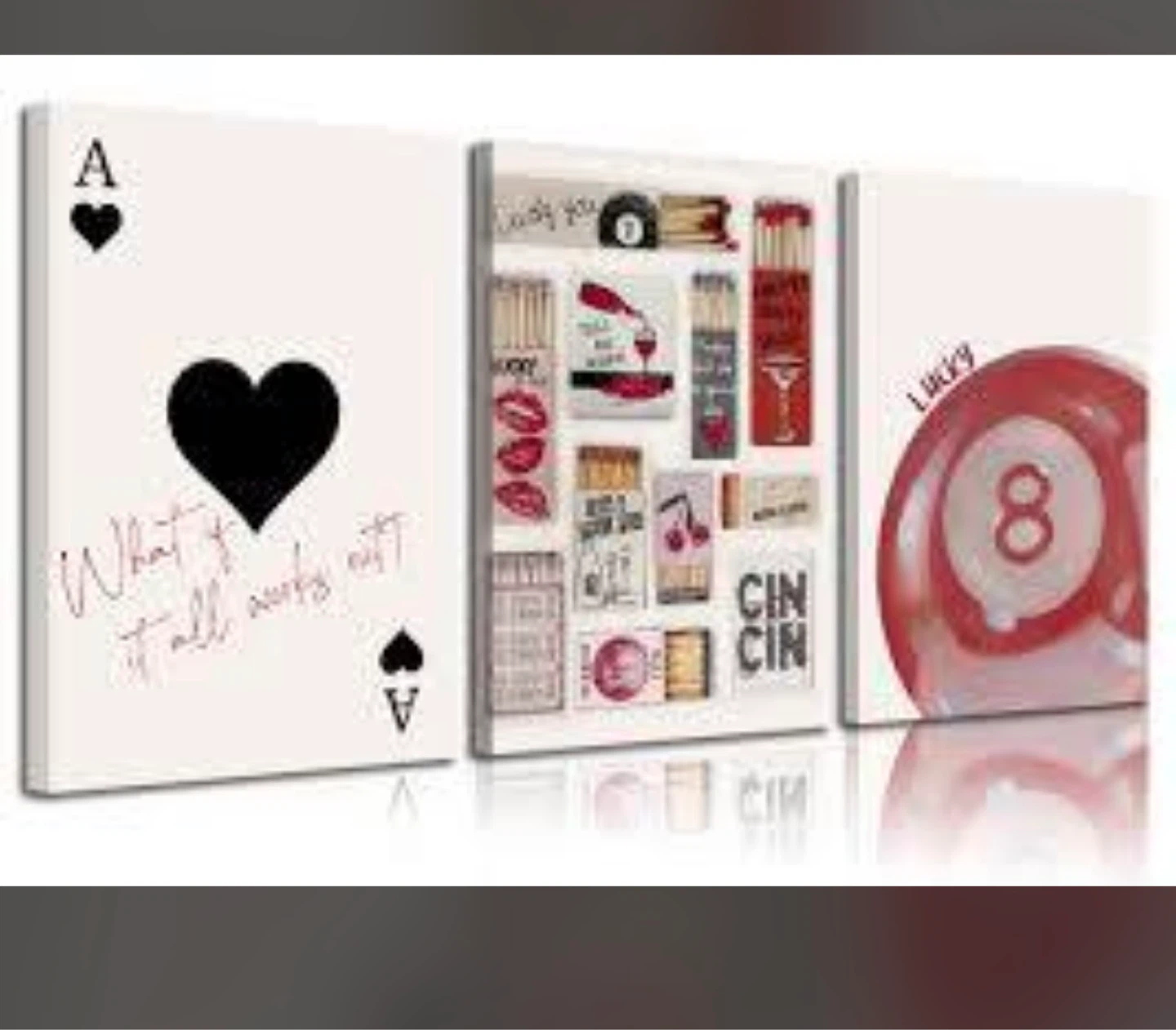 3 Piece Canvas Wall Art Set - Lucky 8 Ball & Ace of Hearts
