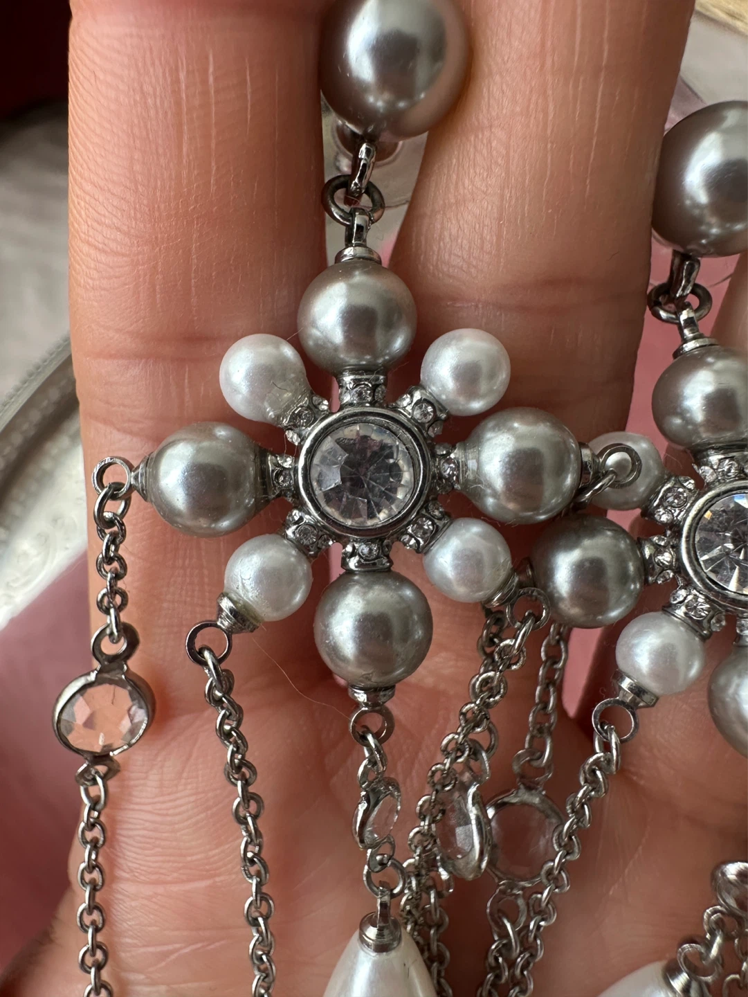 Silver Tone Dangly Earrings with Faux Pearls and Crystals - photo 5