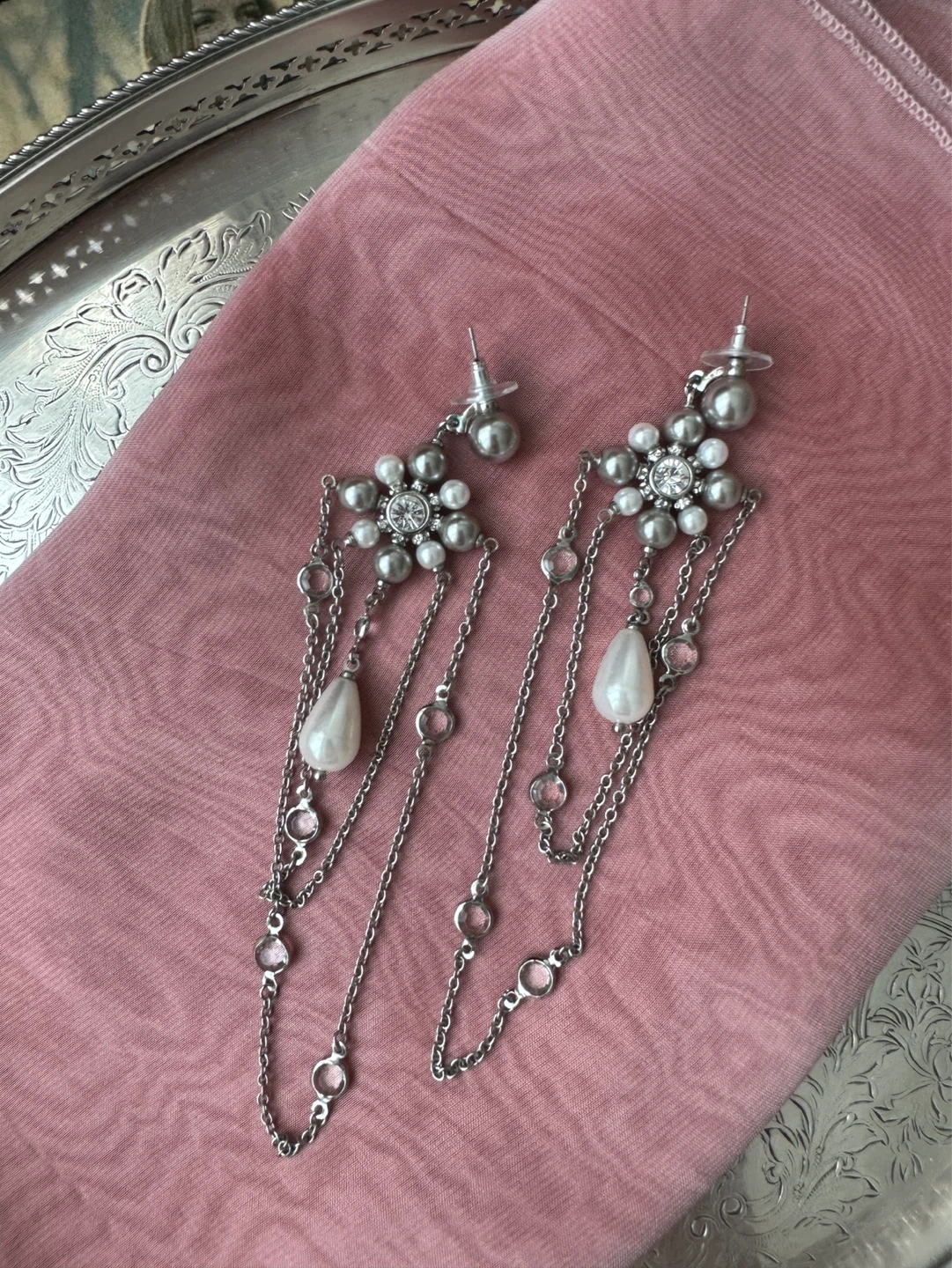 Silver Tone Dangly Earrings with Faux Pearls and Crystals - photo 2
