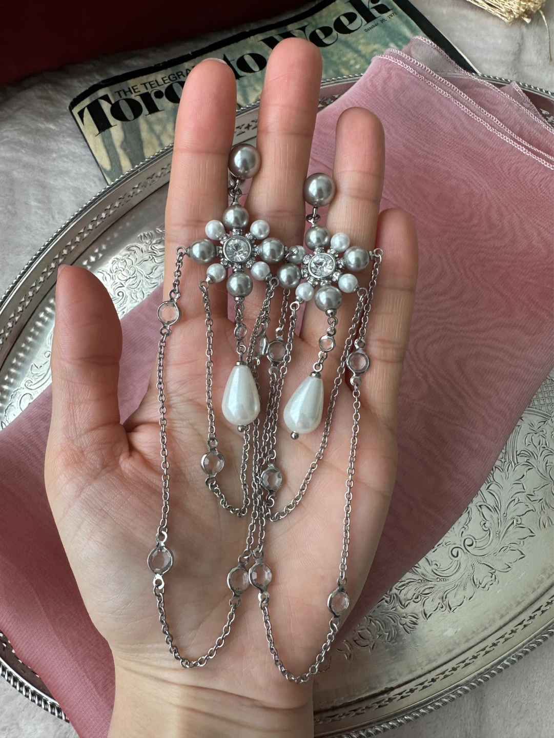 Silver Tone Dangly Earrings with Faux Pearls and Crystals