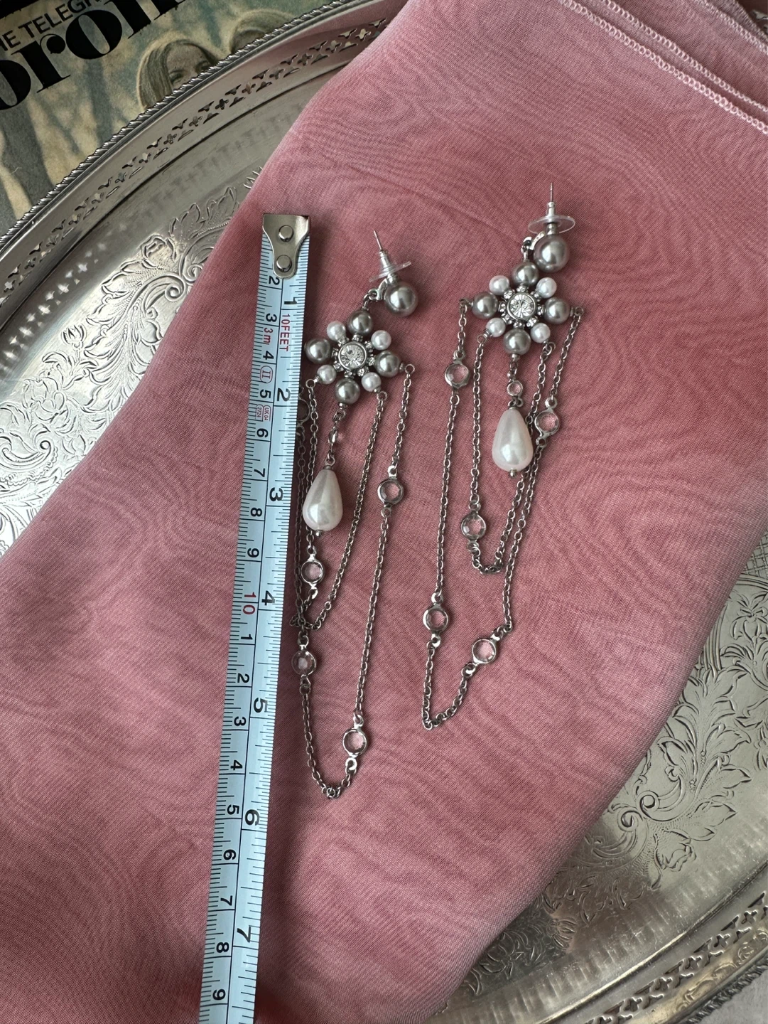 Silver Tone Dangly Earrings with Faux Pearls and Crystals - photo 4