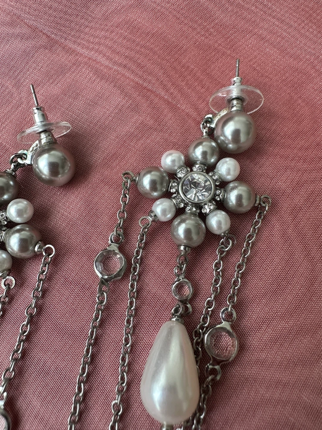 Silver Tone Dangly Earrings with Faux Pearls and Crystals - photo 3
