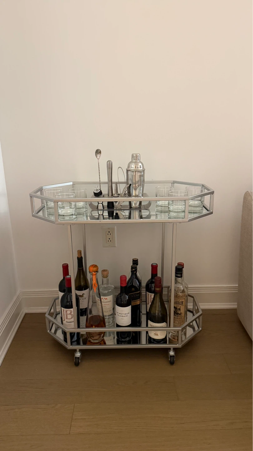 Silver Bar Cart with Mirrored Shelves and Accessories