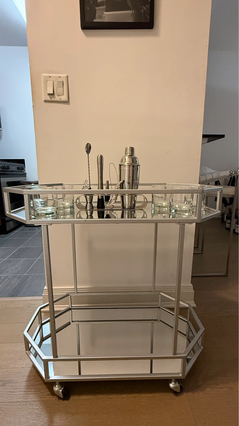 Silver Bar Cart with Mirrored Shelves and Accessories - photo 3