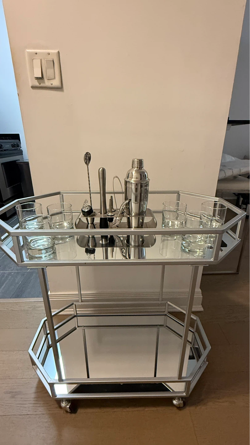 Silver Bar Cart with Mirrored Shelves and Accessories - photo 2