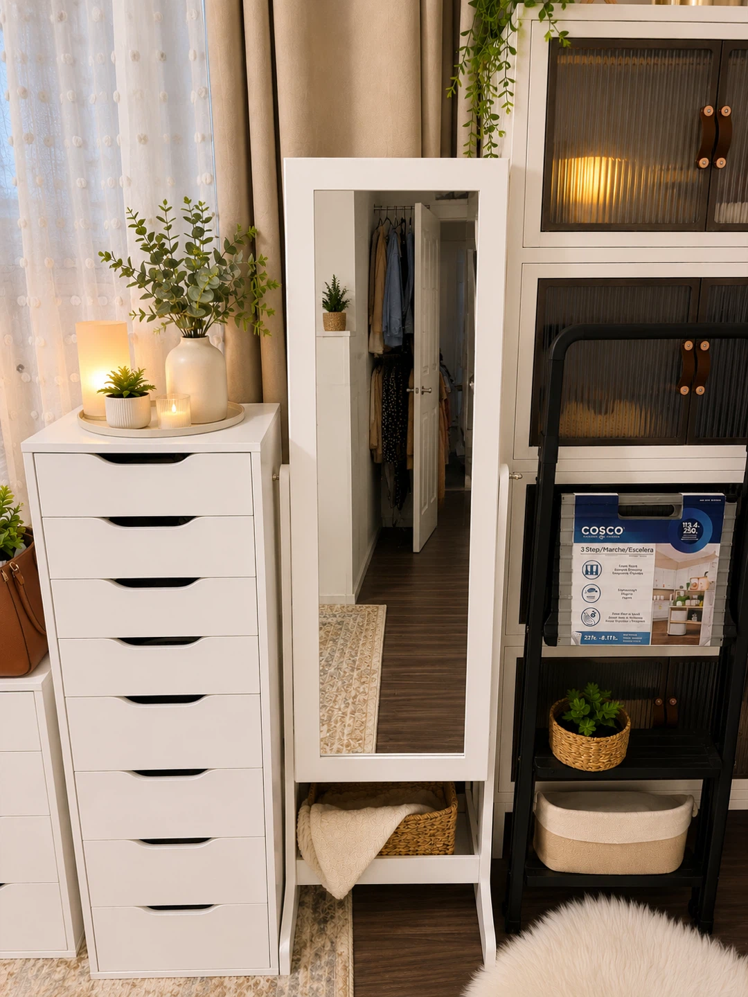 Light Up-White Standing Jewelry Armoire with Mirror