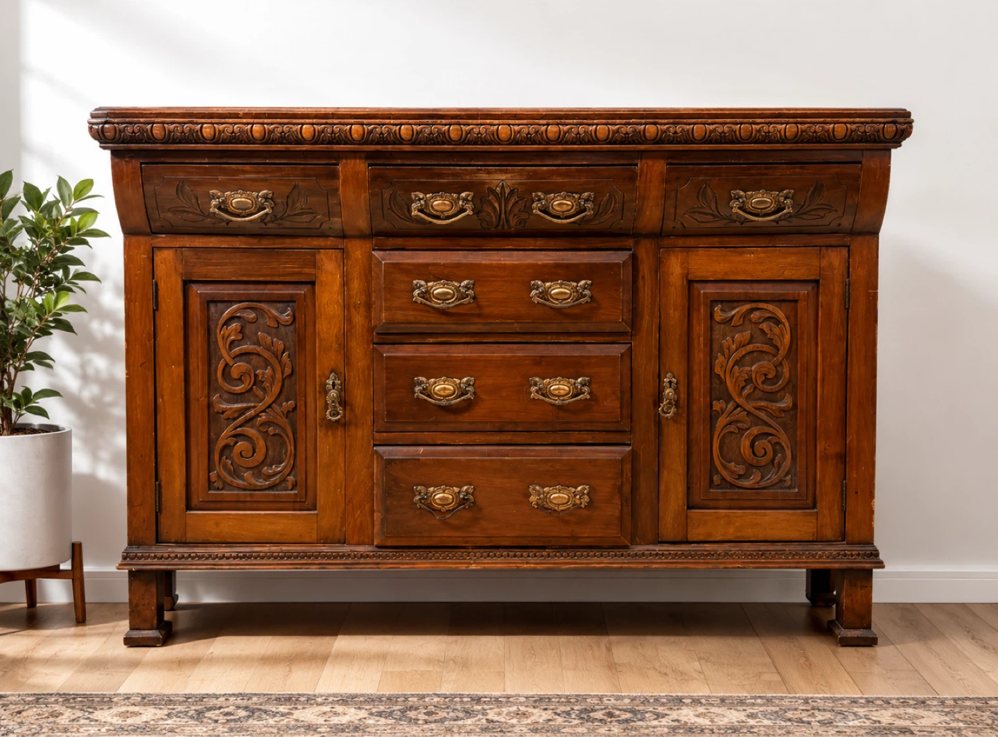Antique Wooden Sideboard with Carvings