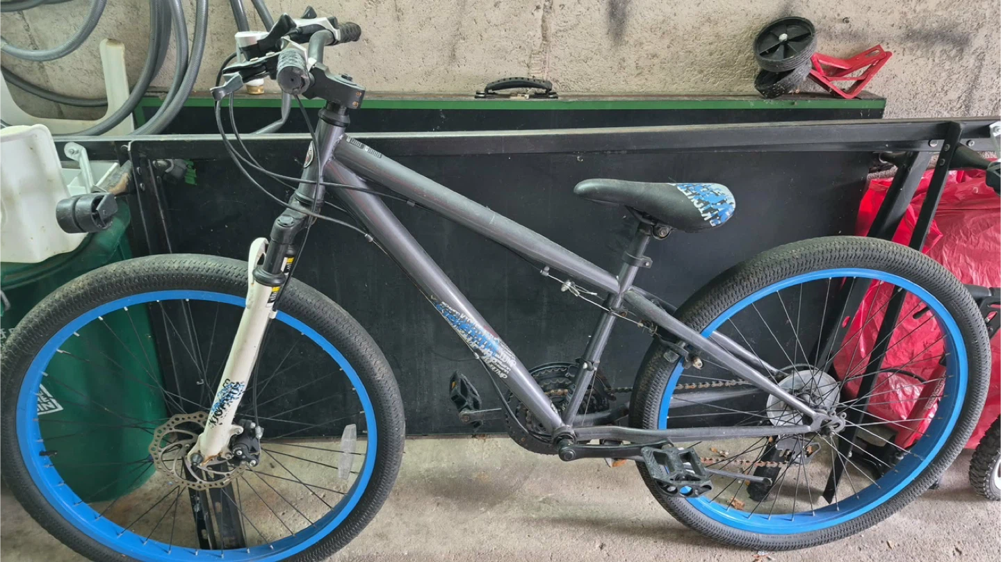 Grey Bike with Blue Rims