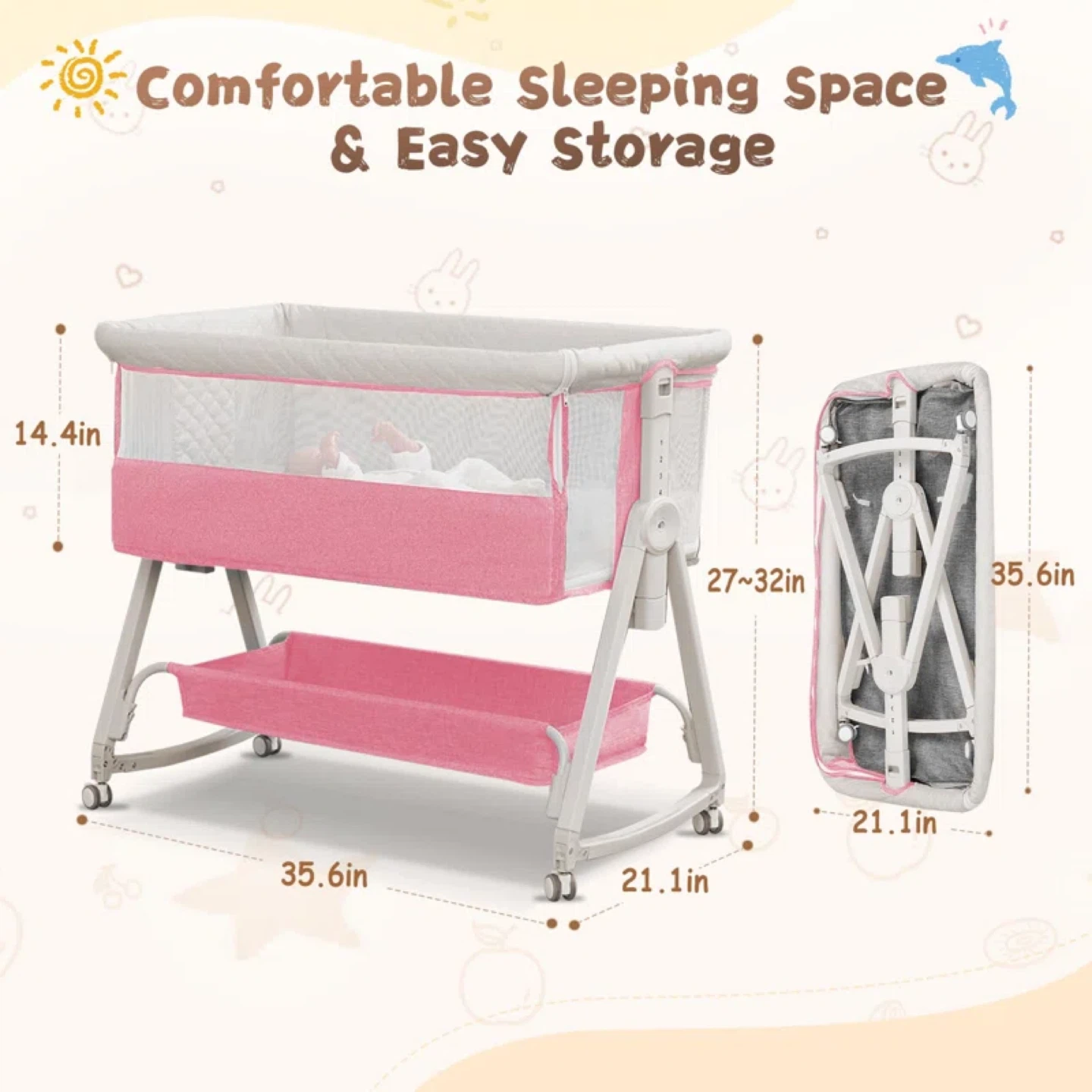 Pink Baby Bassinet with Wheels - photo 2