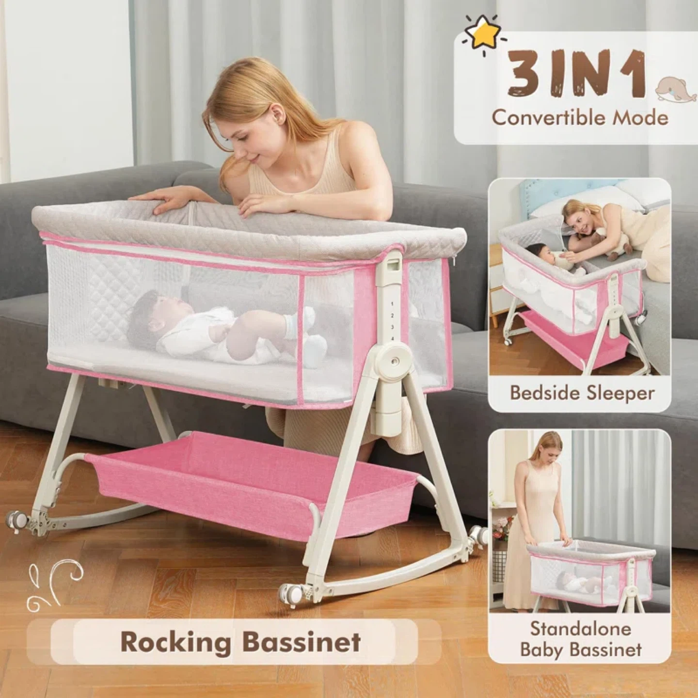 Pink Baby Bassinet with Wheels