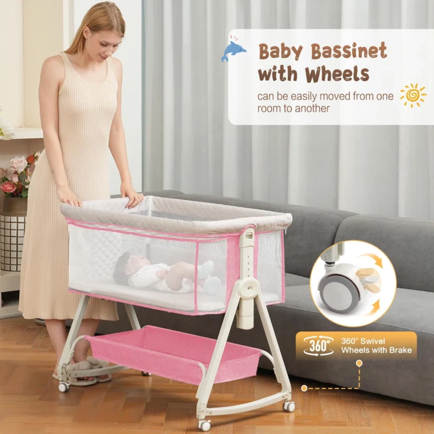 Pink Baby Bassinet with Wheels - photo 3