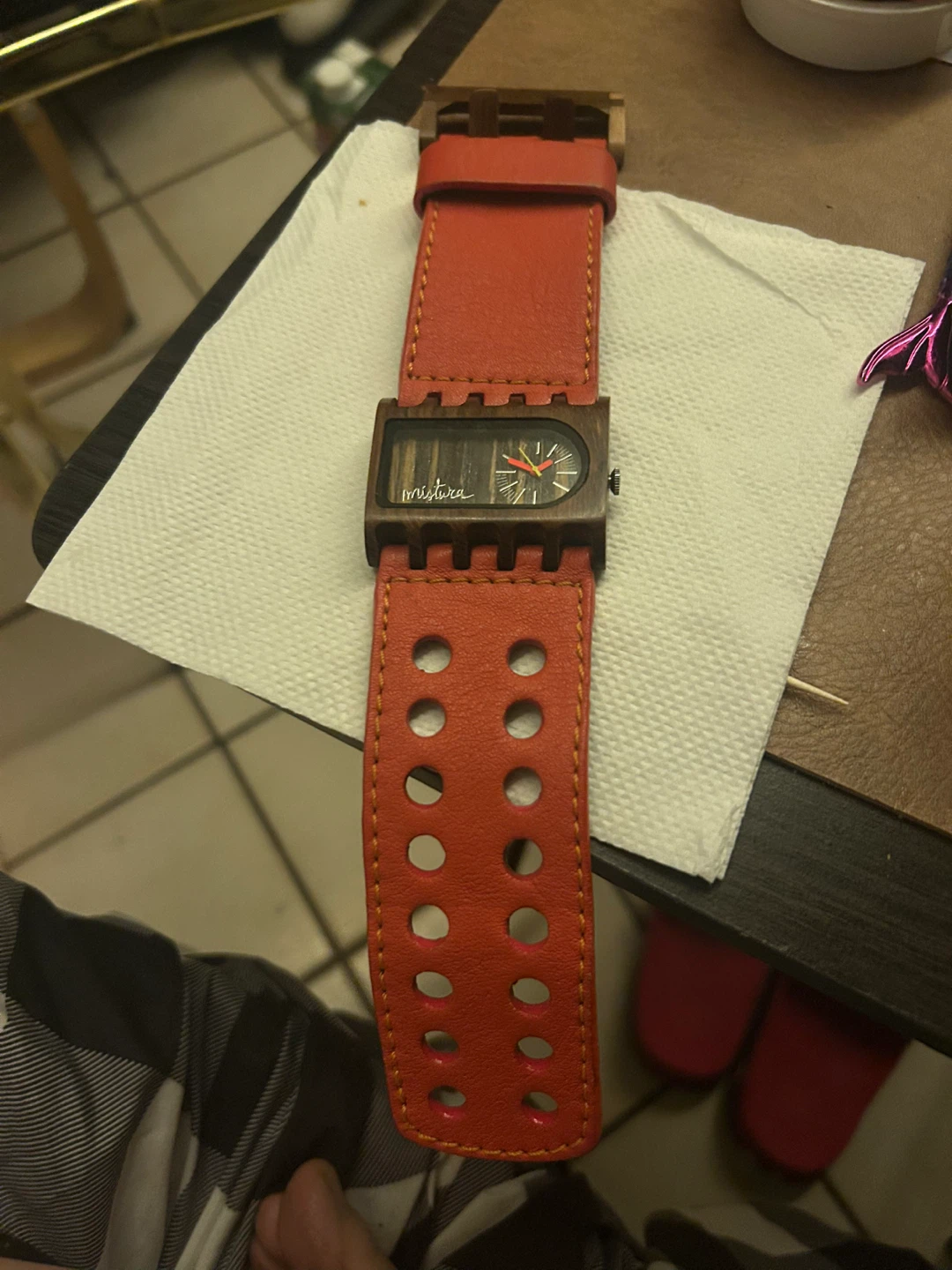 Mistura Wood Watch with Red Leather Strap