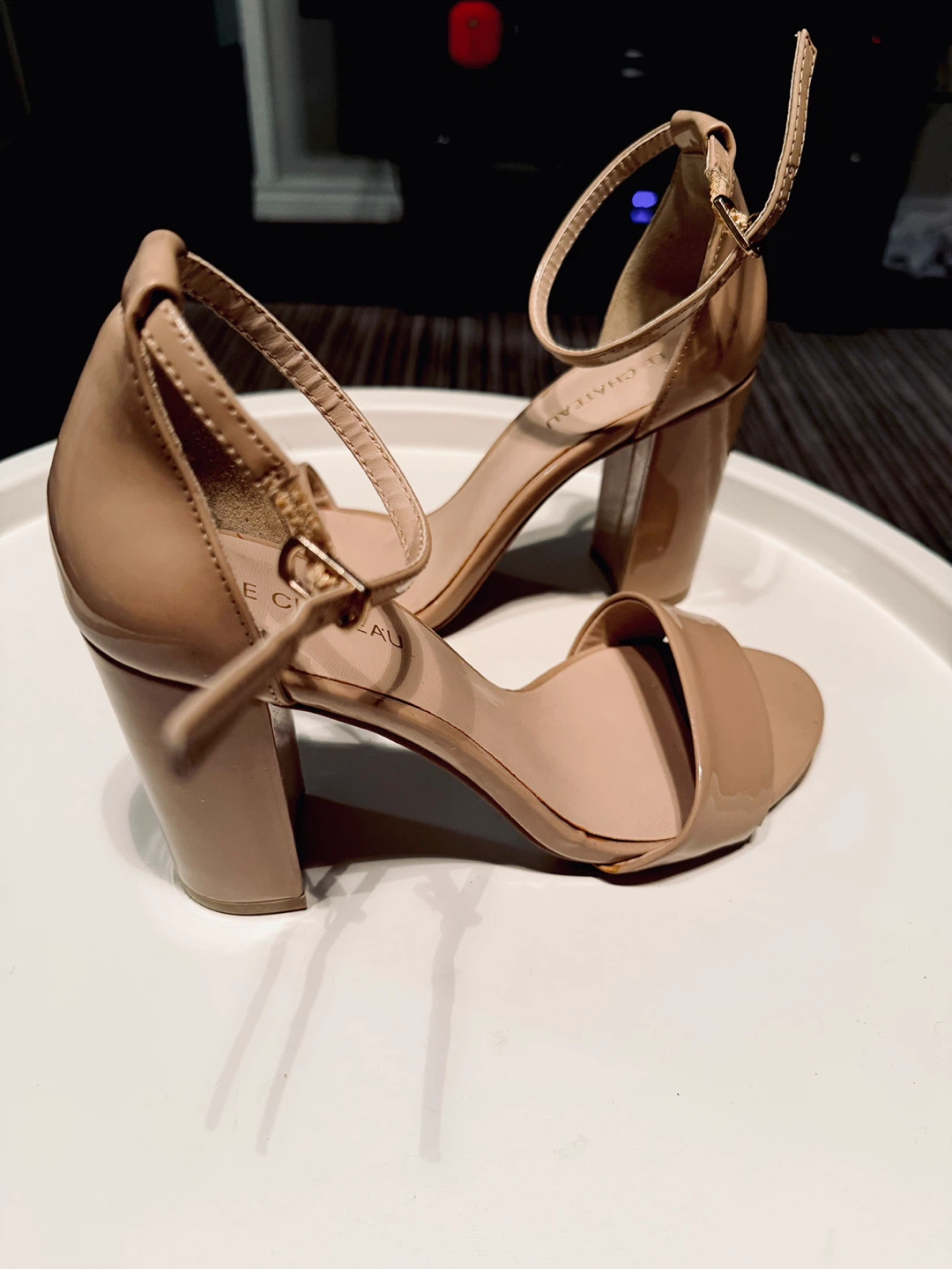 Le Chateau Nude Patent Block Heel Sandals