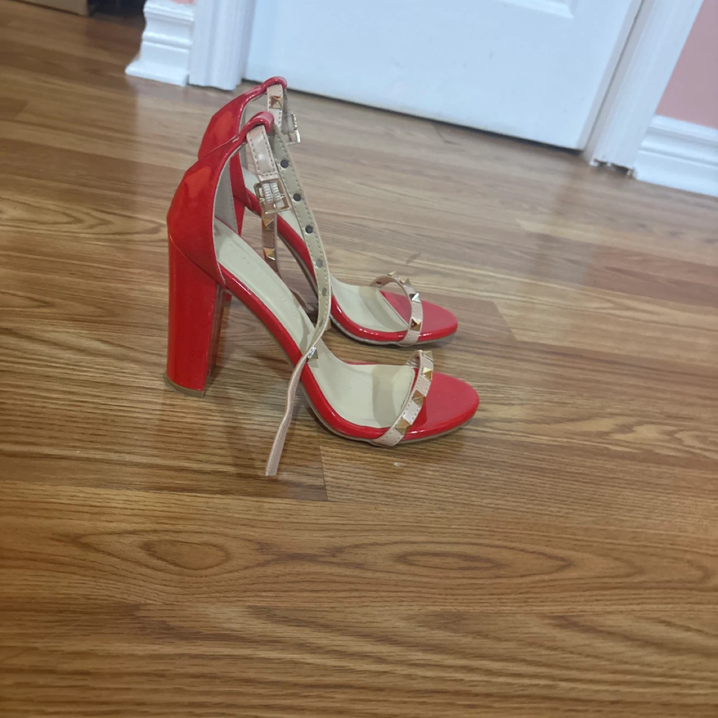 Red Studded Block Heel Sandals - photo 2