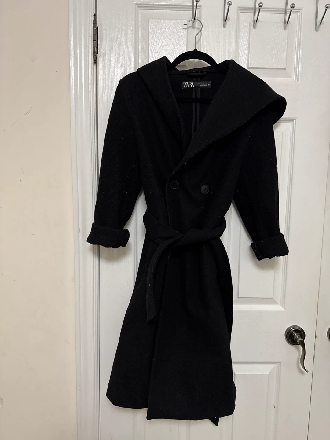 Black Zara Hooded Coat with Belt