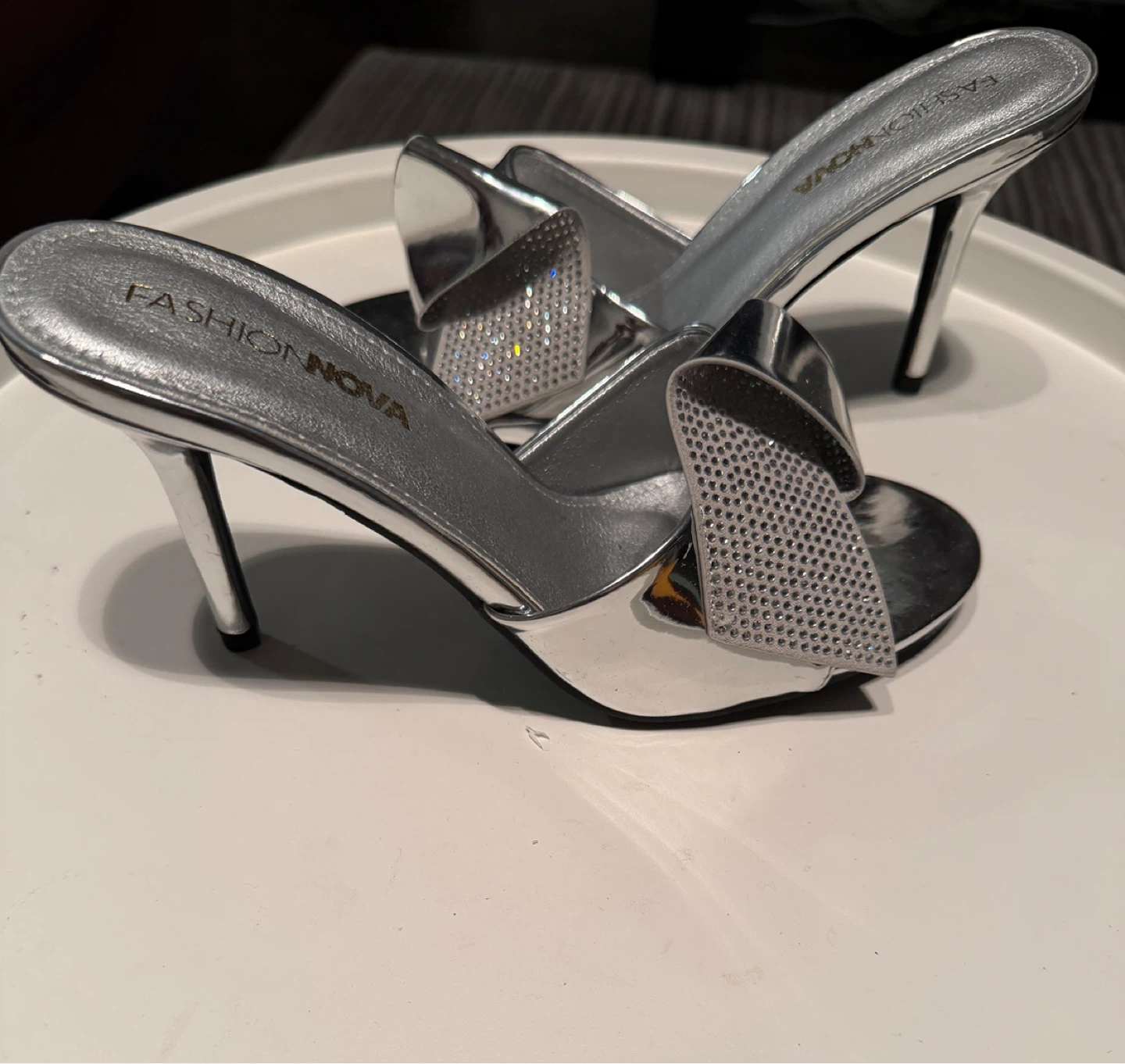 Fashion Nova Silver Stiletto Mules with Rhinestones