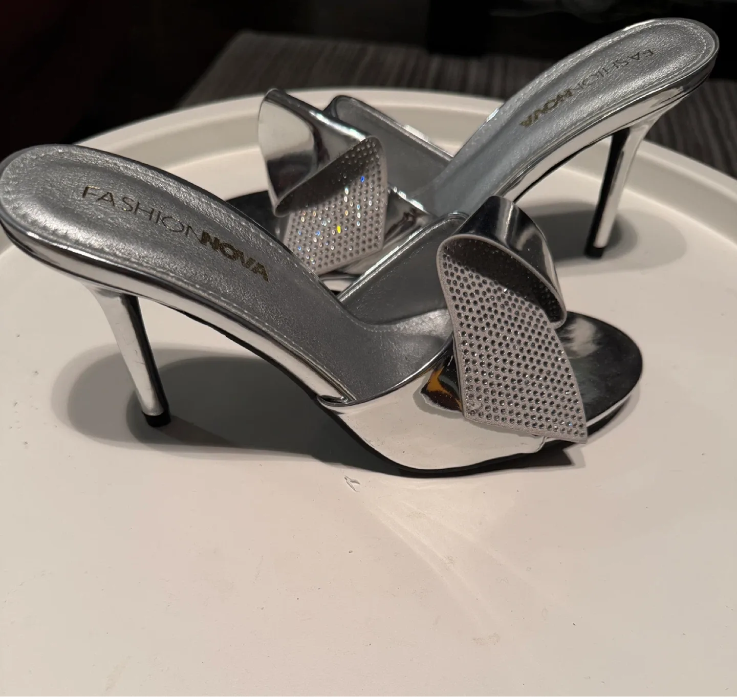 Fashion Nova Silver Stiletto Mules with Rhinestones