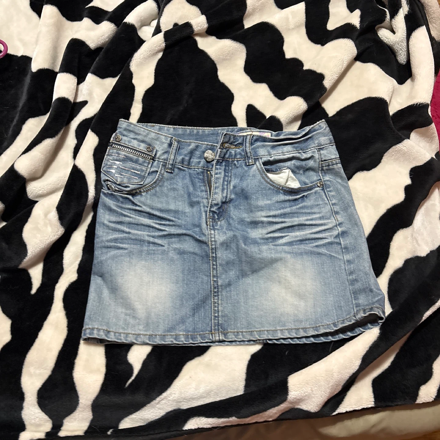 Denim Mini Skirt with Rhinestone Detail