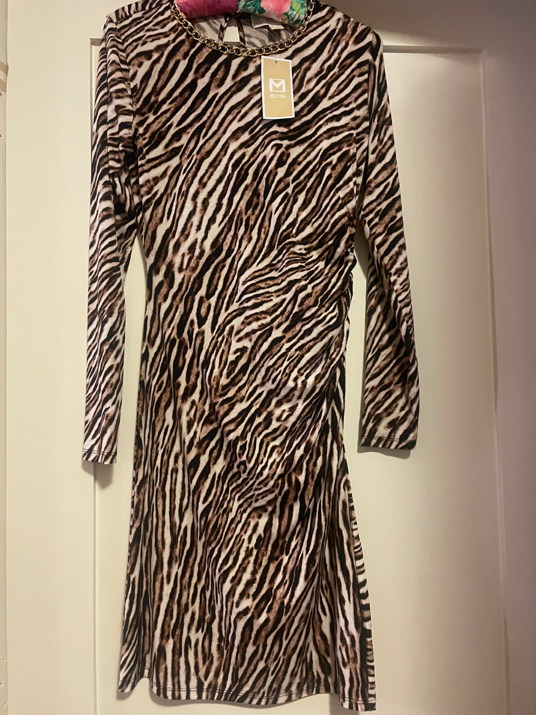 MICHAEL Michael Kors Zebra Print Ruched Dress with Chain Detail