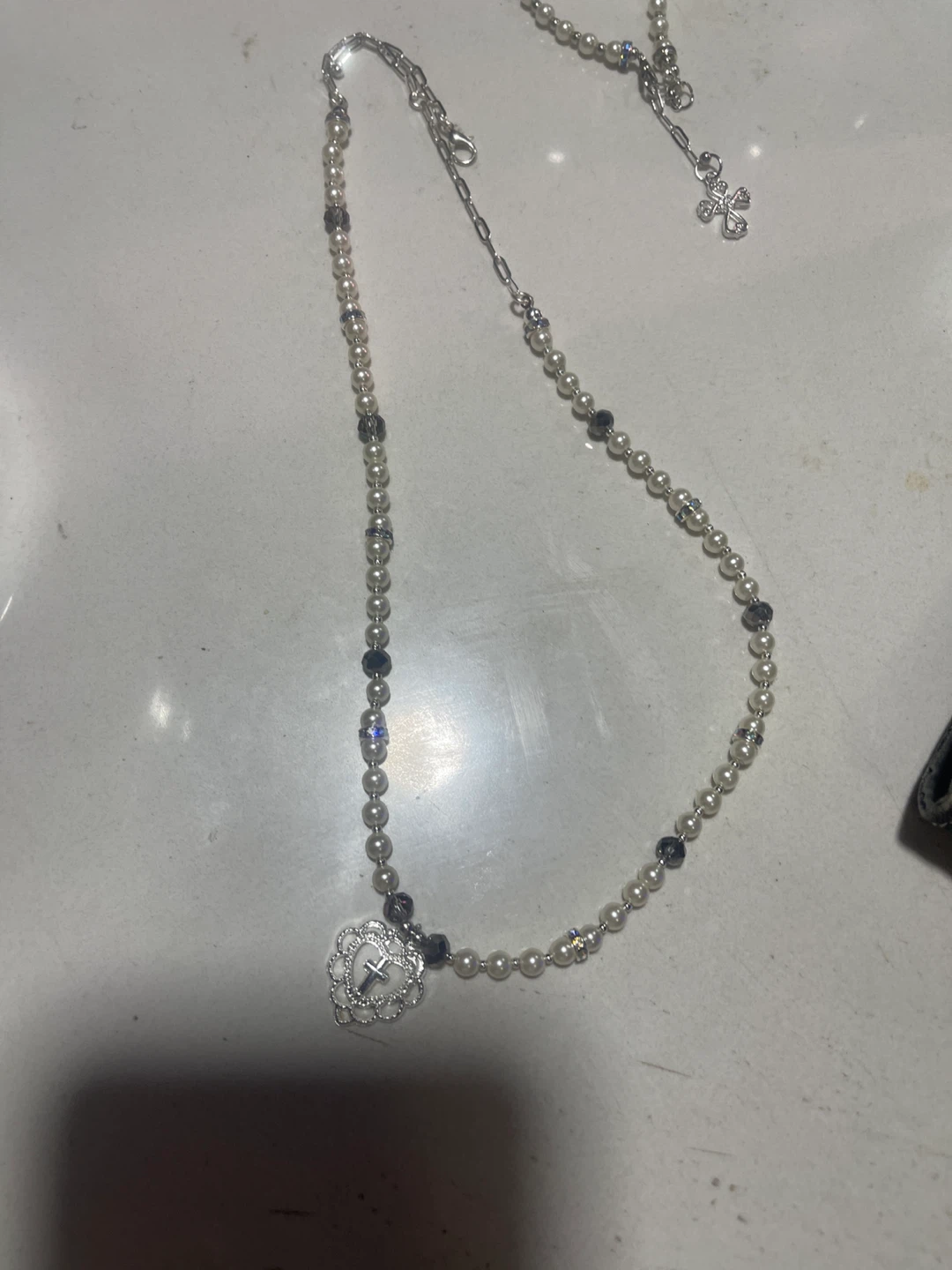 Pearl Beaded Necklace with Heart Cross Pendant