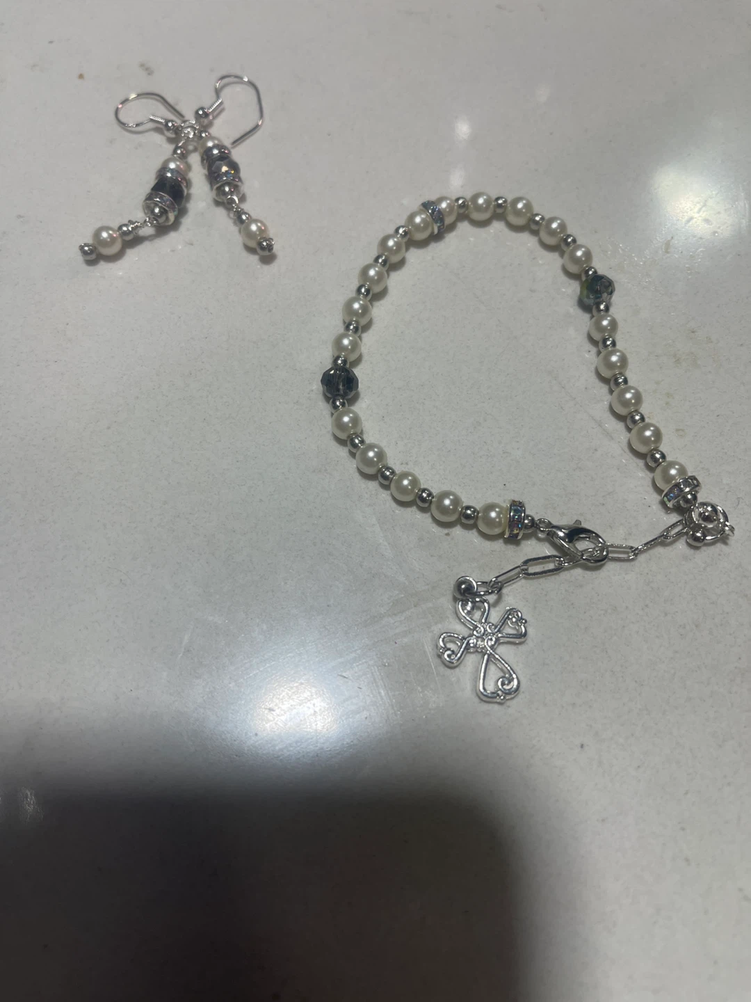 Pearl Bead Bracelet and Earring Set with Cross Charm