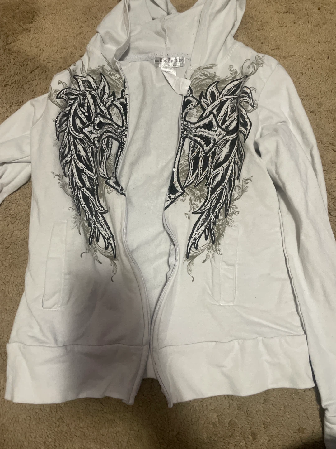 White Bus Stop Hoodie with Cross & Wings Design - Size L