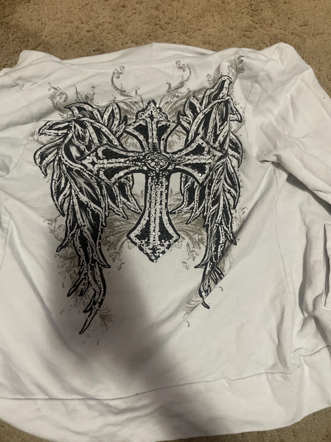 White Bus Stop Hoodie with Cross & Wings Design - Size L - photo 3