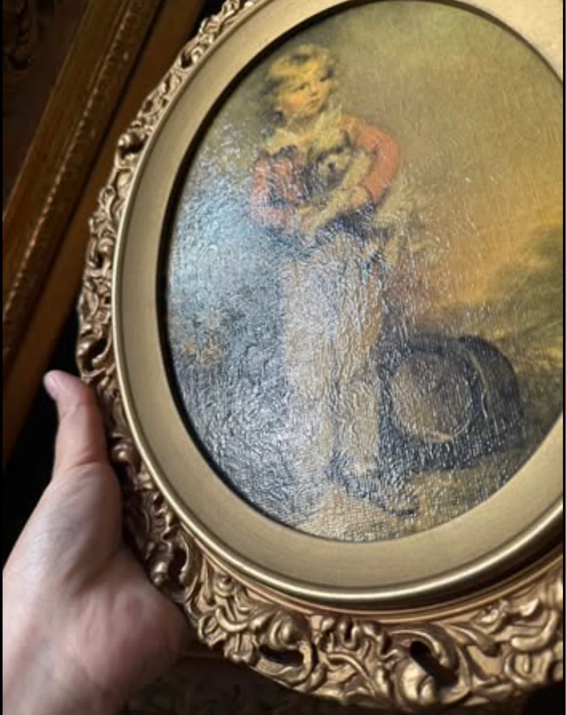 Vintage Oval Framed Textured Print of Boy with Dog - photo 4