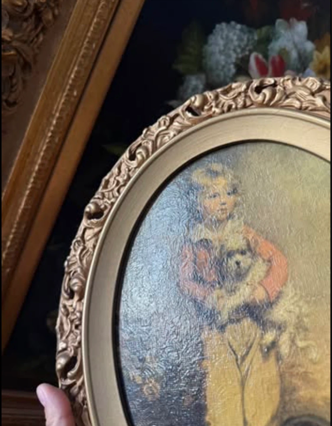 Vintage Oval Framed Textured Print of Boy with Dog - photo 3