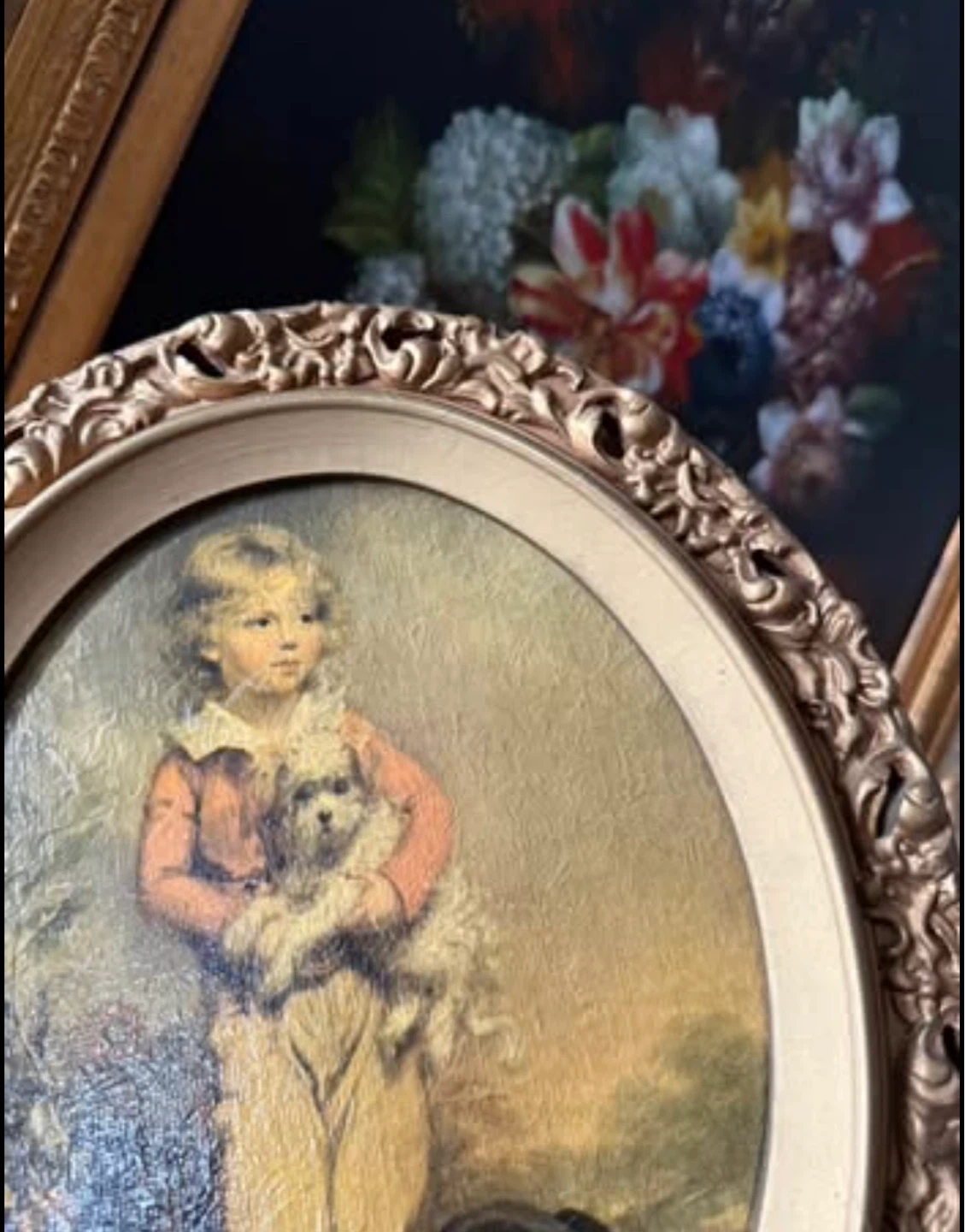 Vintage Oval Framed Textured Print of Boy with Dog - photo 2