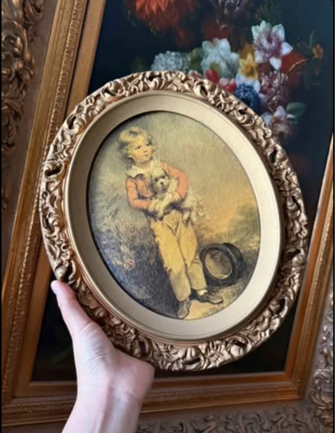 Vintage Oval Framed Textured Print of Boy with Dog