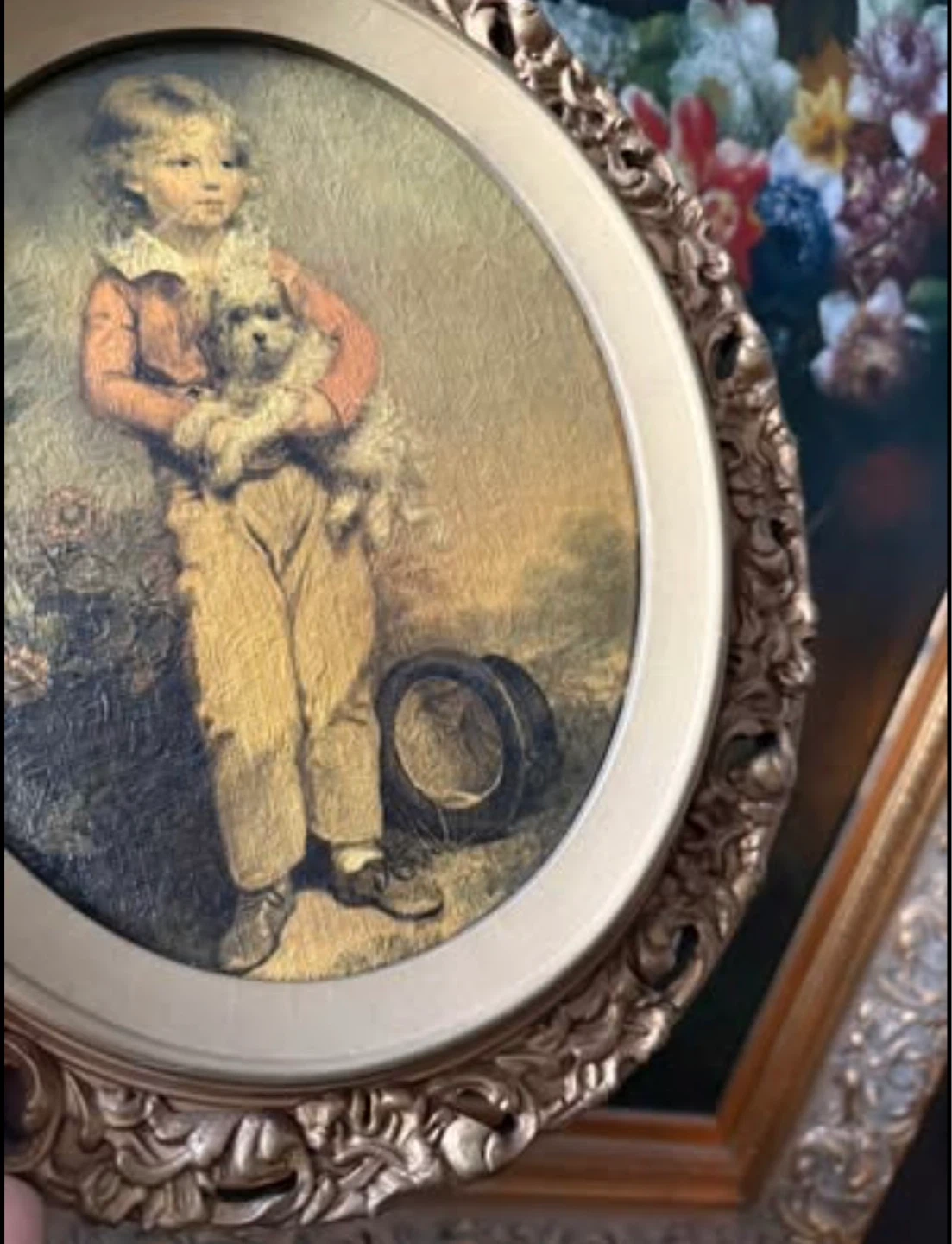 Vintage Oval Framed Textured Print of Boy with Dog - photo 5