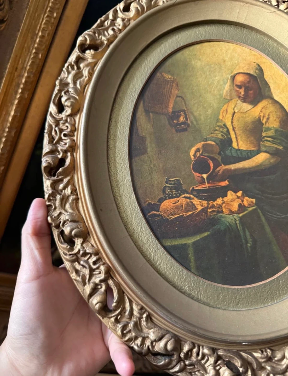 Vintage Oval Framed Painting of Woman Pouring Milk - photo 4