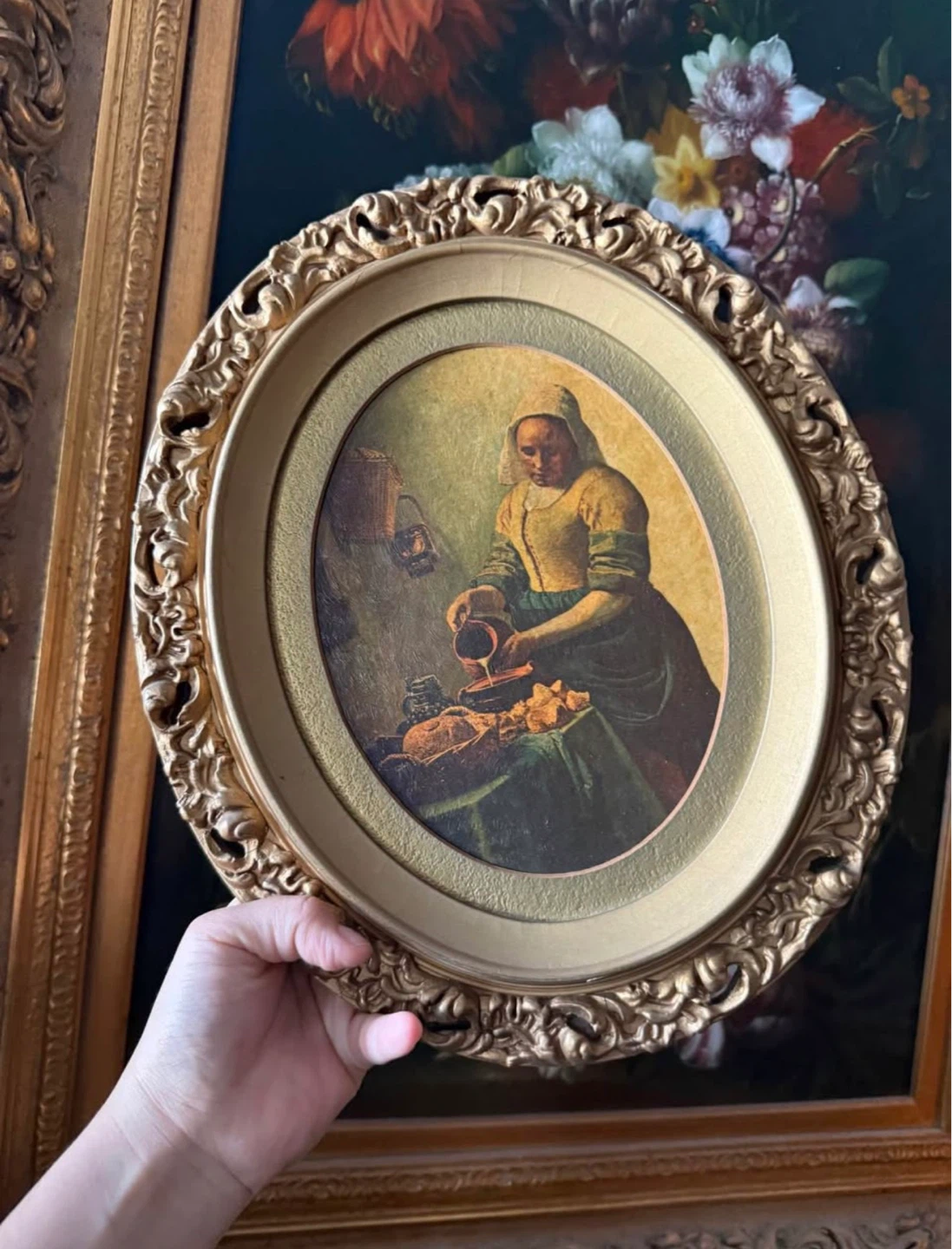 Vintage Oval Framed Painting of Woman Pouring Milk