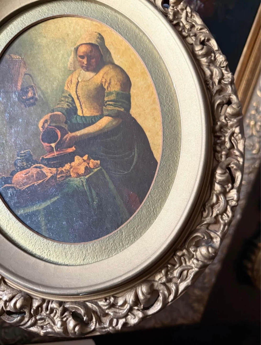 Vintage Oval Framed Painting of Woman Pouring Milk - photo 5