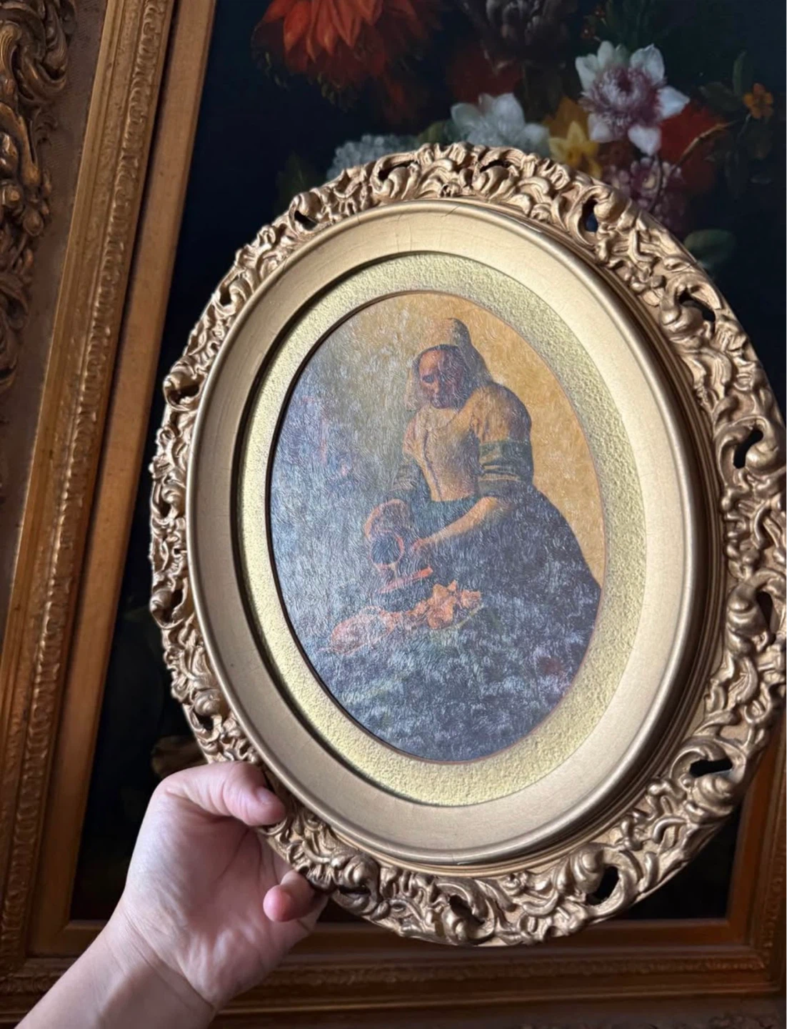 Vintage Oval Framed Painting of Woman Pouring Milk - photo 2