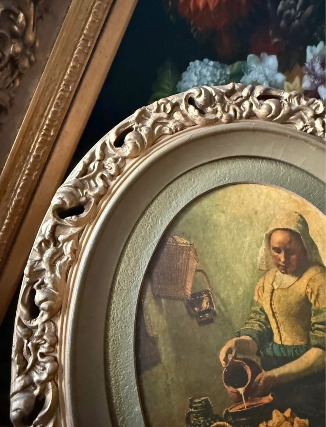 Vintage Oval Framed Painting of Woman Pouring Milk - photo 3