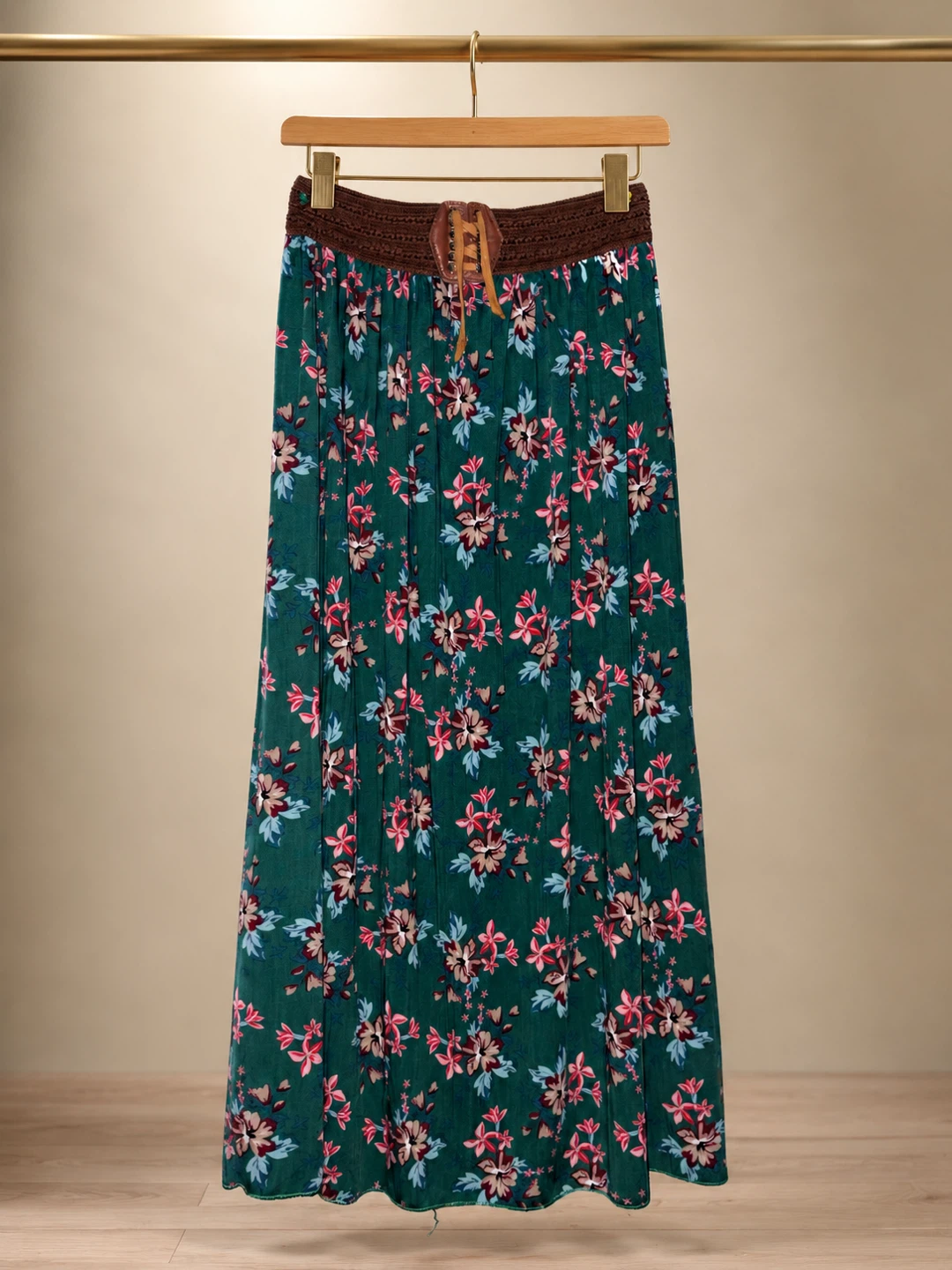 Green Floral Maxi Skirt with Lace-Up Waist