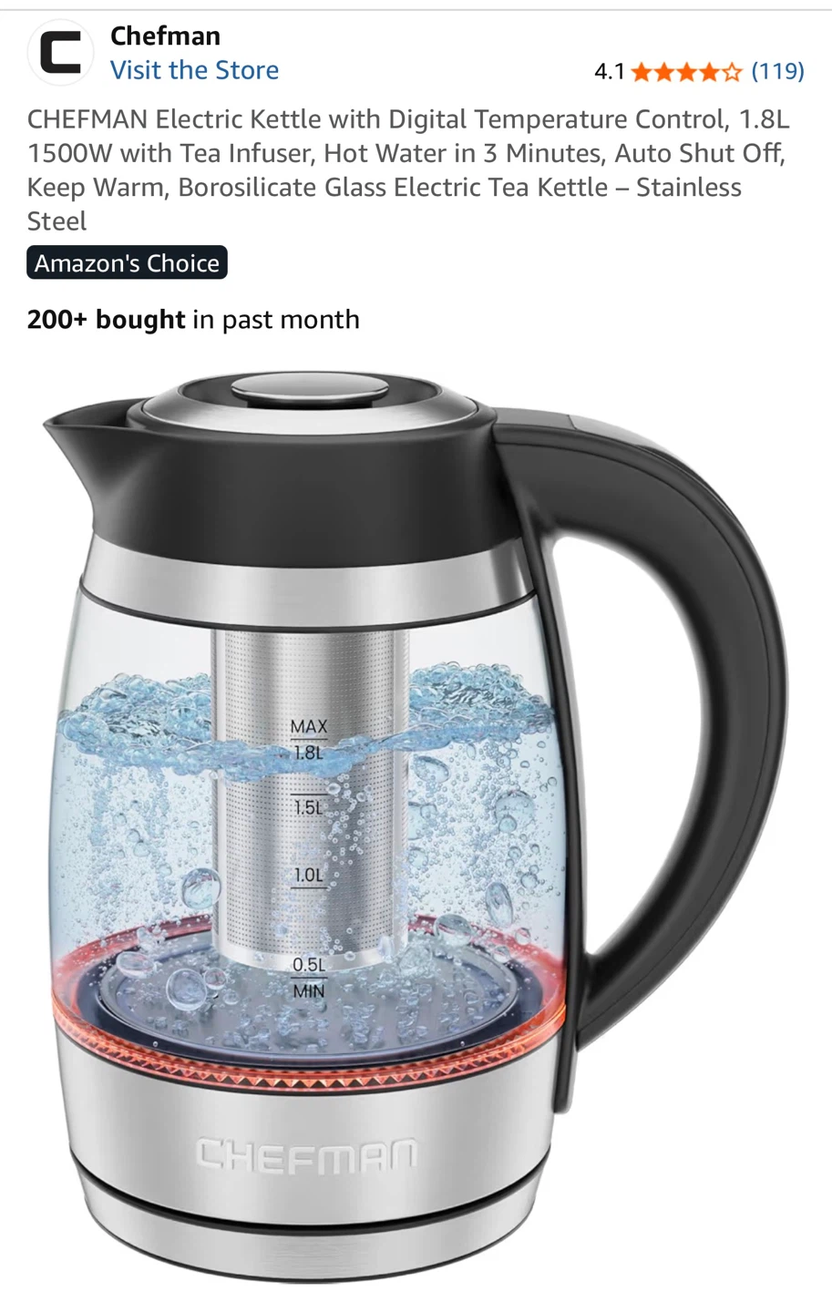 Chefman Electric Kettle with Tea Infuser - 1.8L