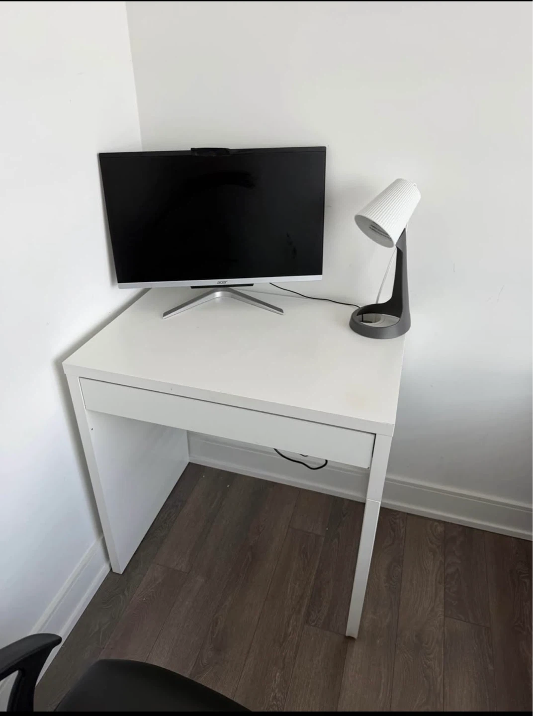 White Desk with Drawer and Black Chair