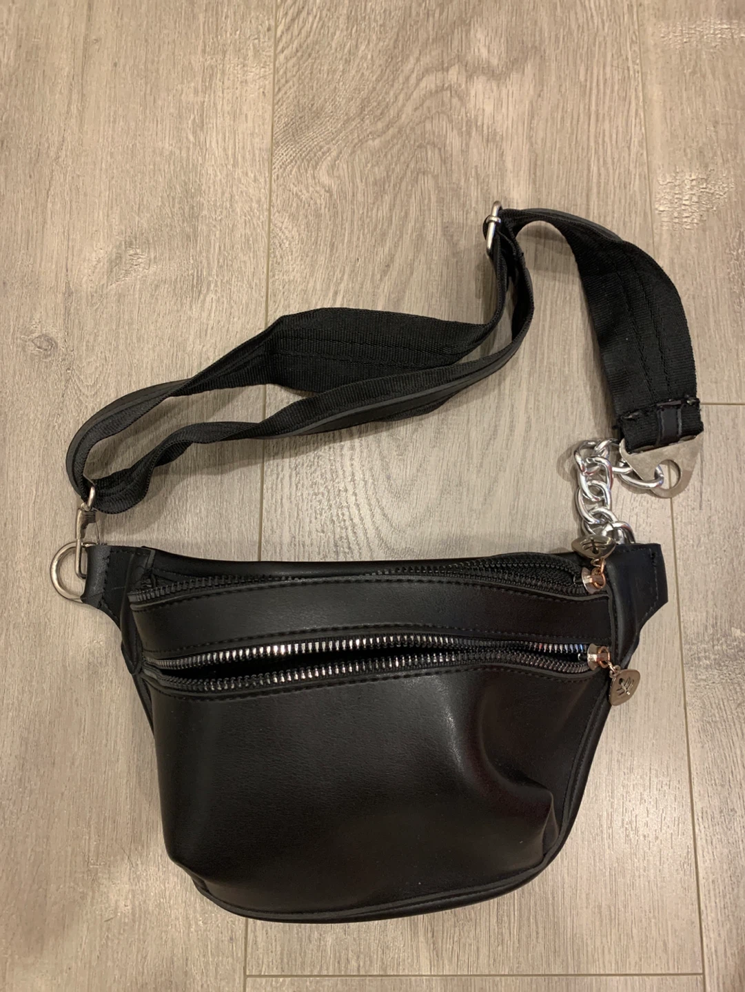 Black Faux Leather Fanny Pack with Chain Strap
