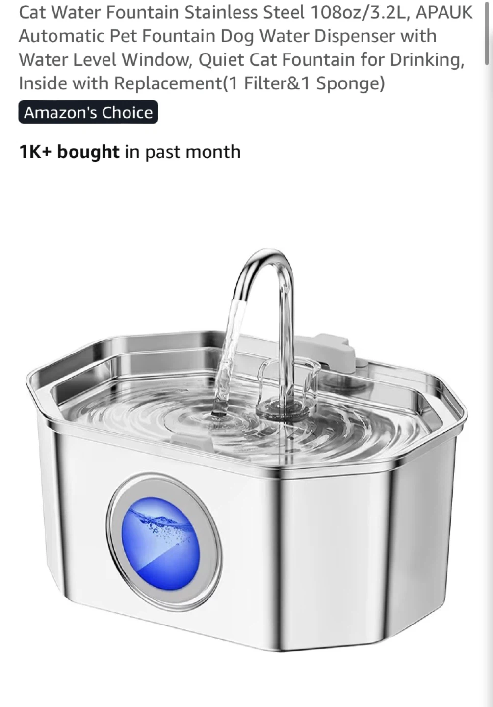 APUAK Stainless Steel Cat Water Fountain 3.2L