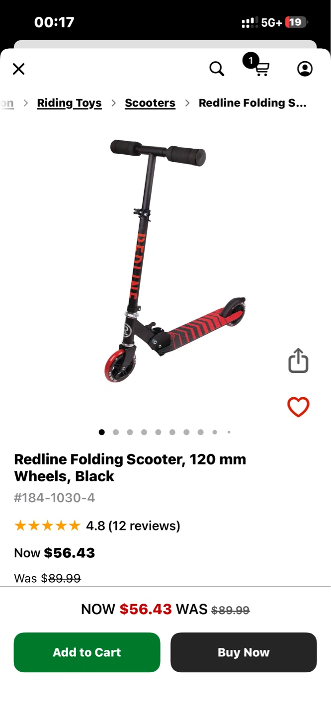 Redline Folding Scooter - 120 mm Wheels, Black